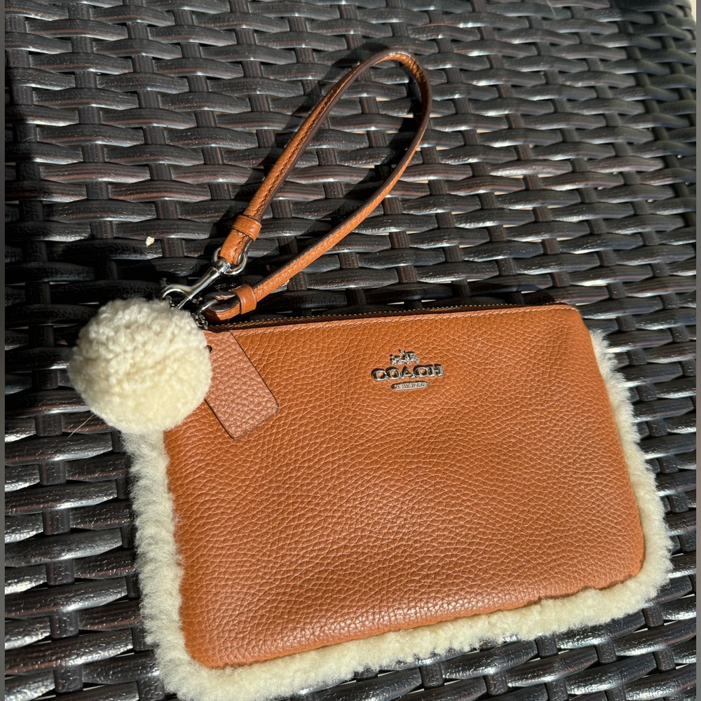 Faux fur lined coach clutch